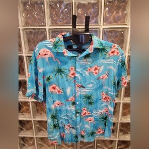 SSLR Hawaiian Shirt Mens Size XLarge Blue Flamingo Short Sleeve Resort Vacation